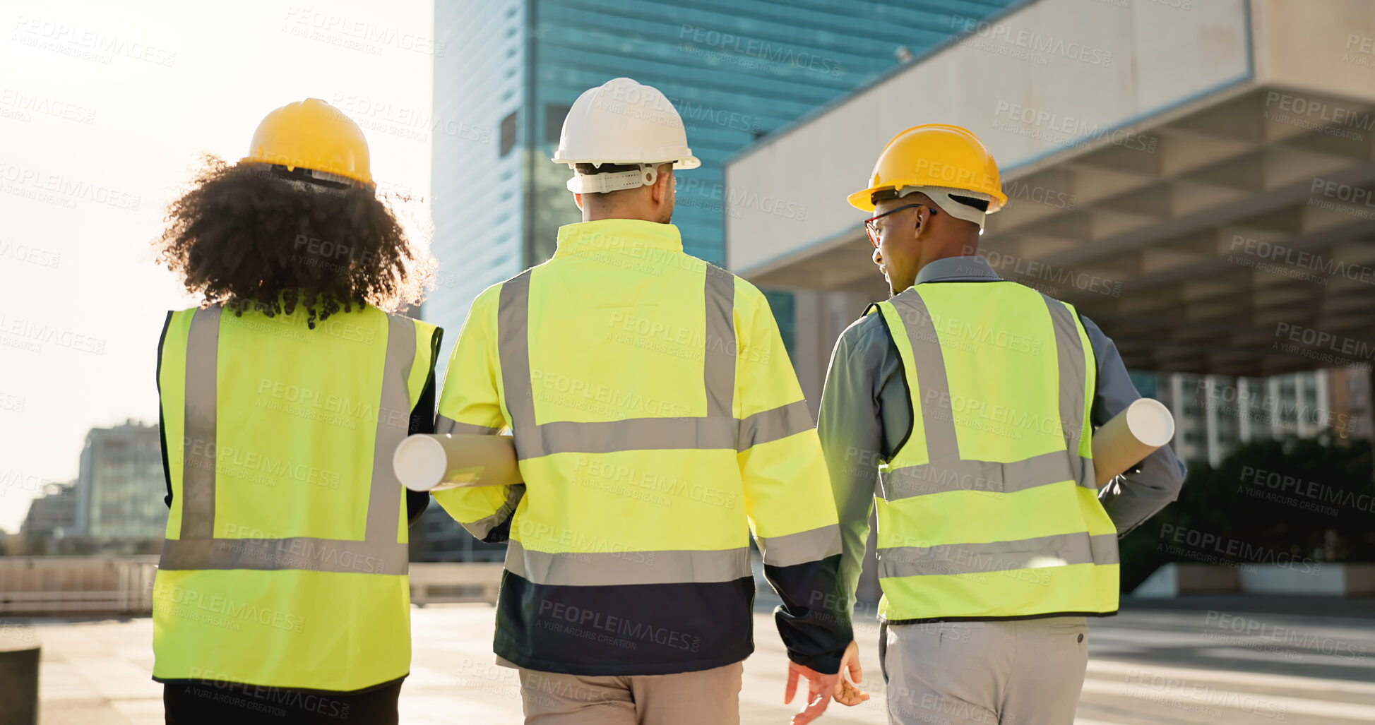 Buy stock photo People, back and architect team walking in city for construction, maintenance or building on site. Rear view of employee group, engineer or contractor in teamwork for architecture project or plan