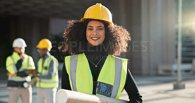 Happy woman, architect and city for construction management or teamwork in leadership on site. Portrait of female person, contractor or engineer smile for professional architecture, project or plan