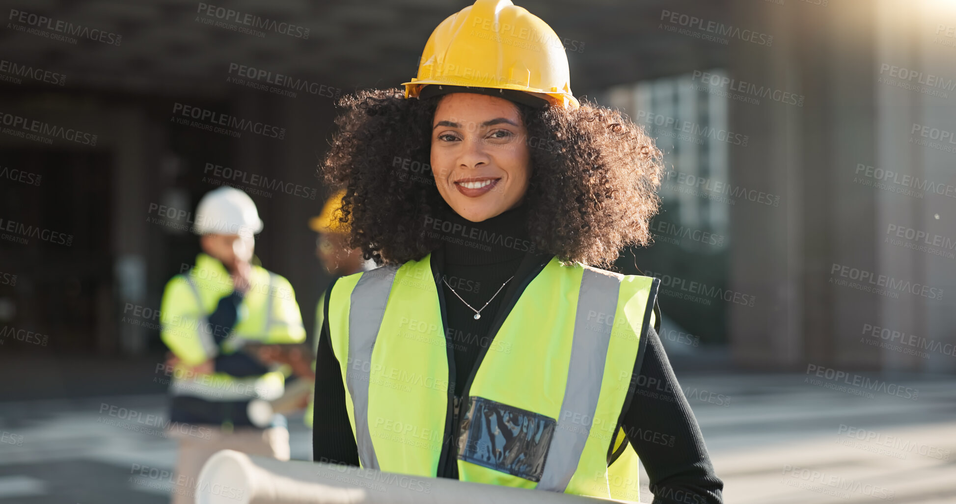 Buy stock photo Happy woman, architect and city for construction management or teamwork in leadership on site. Portrait of female person, contractor or engineer smile for professional architecture, project or plan