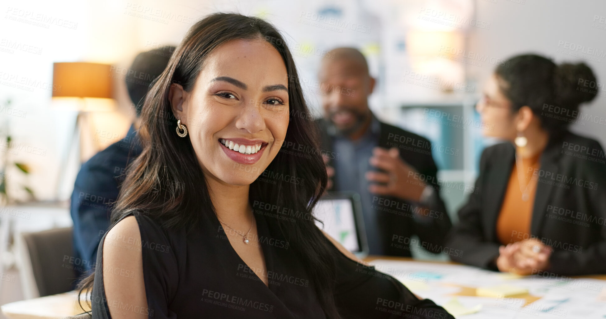 Buy stock photo Meeting, smile and portrait of business woman with team planning or working on strategy together in startup company. Corporate, confident and professional employee at discussion in agency office