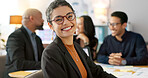 Meeting, happy and portrait of employee with team planning or working on strategy together in startup company. Corporate, confident and professional business woman at discussion in agency office