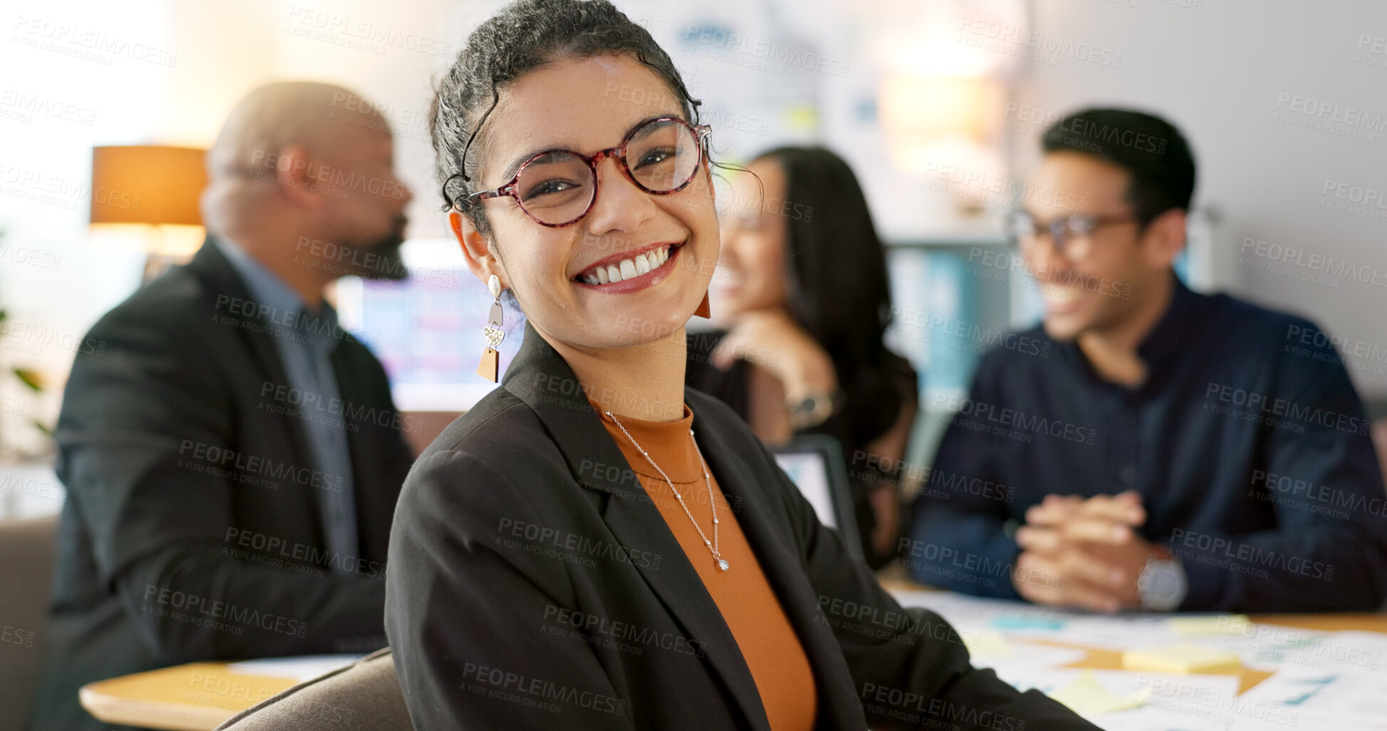 Buy stock photo Meeting, happy and portrait of employee with team planning or working on strategy together in startup company. Corporate, confident and professional business woman at discussion in agency office