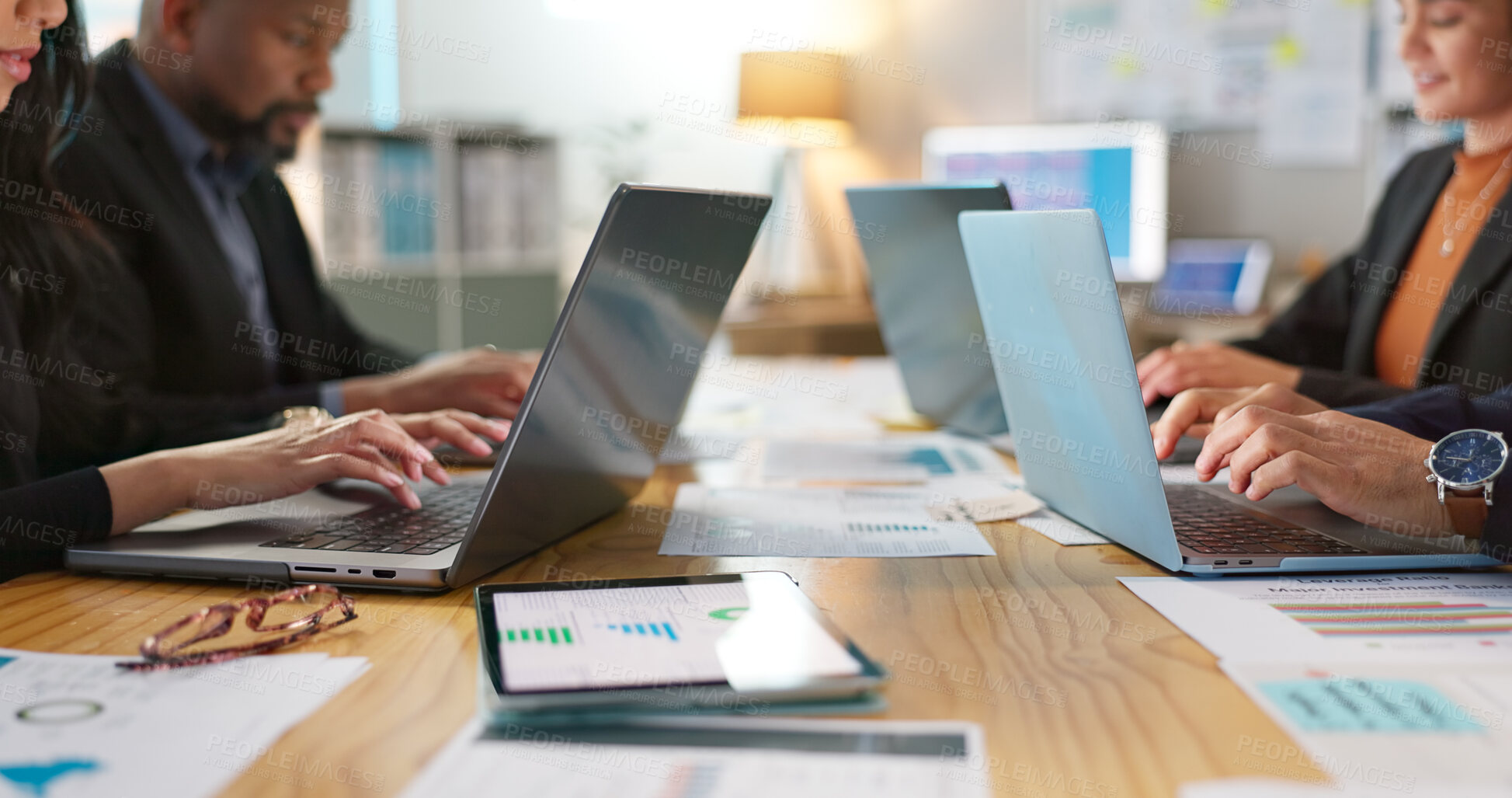 Buy stock photo Laptop, tablet and employees share information to team working on a project in collaboration together on online web.Teamwork, office and business people typing or share data analysis in meeting