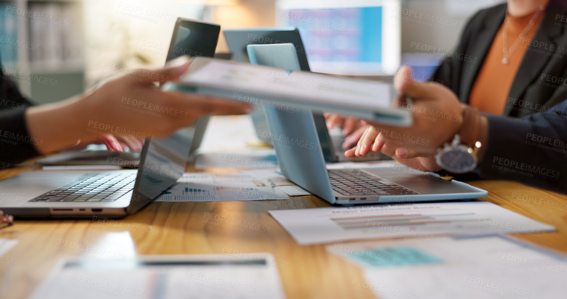 Buy stock photo Laptop, data analytics and business research team working  on a project in collaboration together on online web.Teamwork, office and corporate people typing to  search the internet in meeting