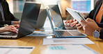 Laptop, tablet and employees share information to team working on a project in collaboration together on online web.Teamwork, office and business people typing or share data analysis in meeting