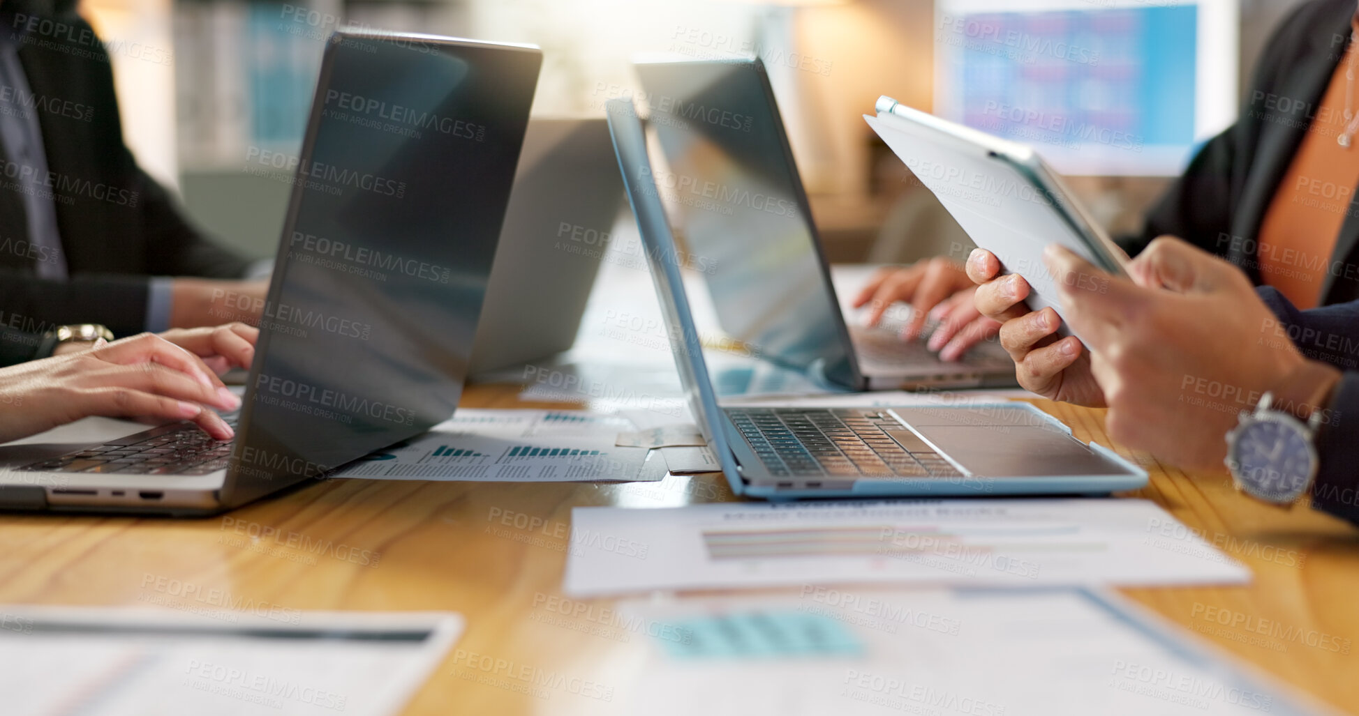 Buy stock photo Laptop, tablet and employees share information to team working on a project in collaboration together on online web.Teamwork, office and business people typing or share data analysis in meeting