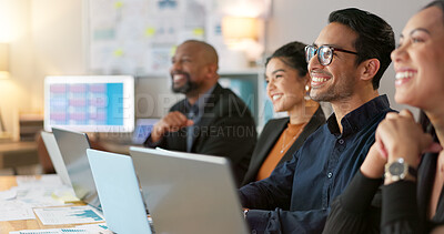 Man, presenter and collaboration with team in office for startup, strategy or business planning in New York. People, diversity and laugh at joke for work, technology or online documents for meeting