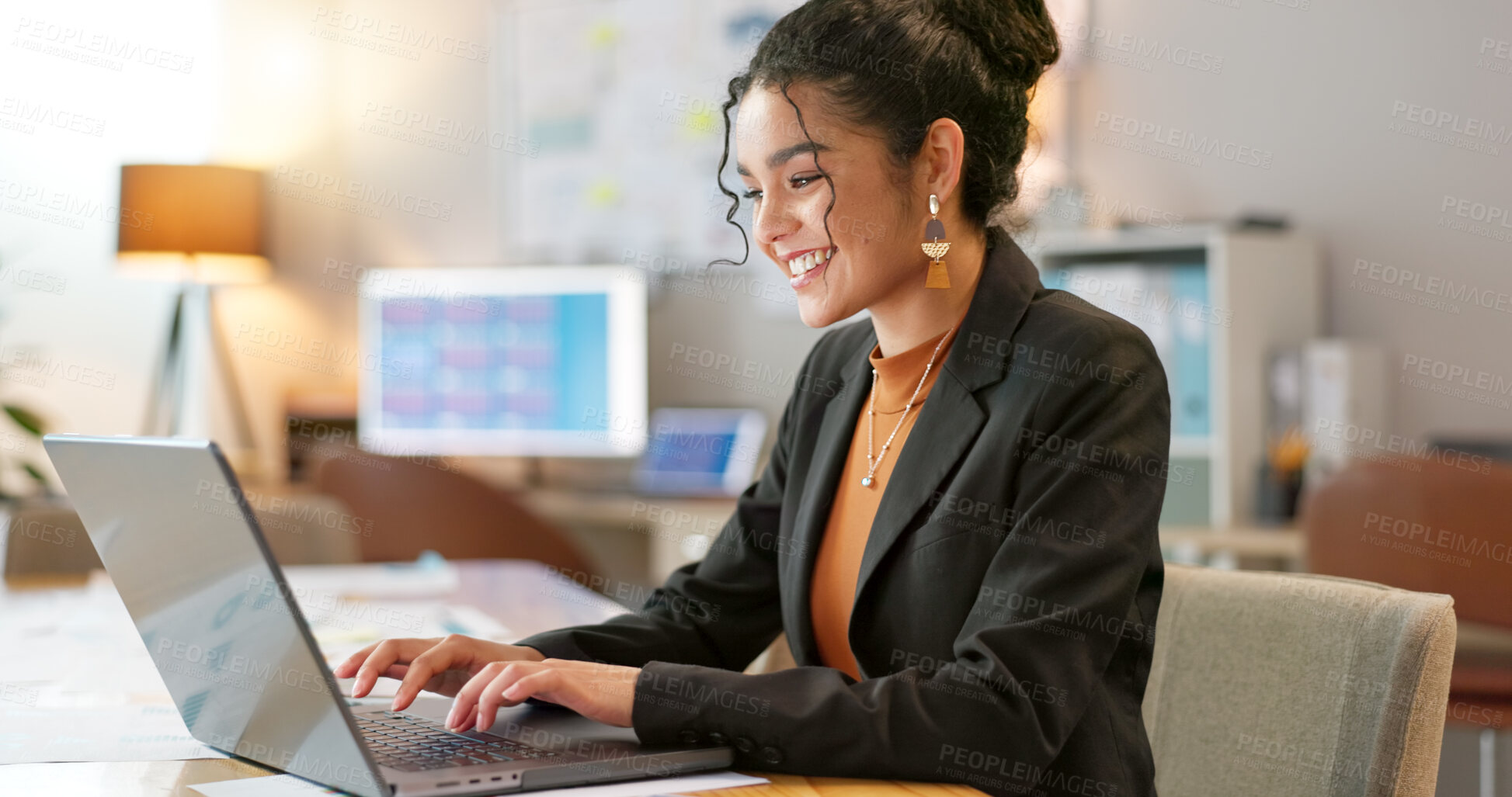 Buy stock photo Happy businesswoman in office, typing on laptop and planning online research for creative project at digital agency. Internet, website and networking, woman with smile and computer for email review.