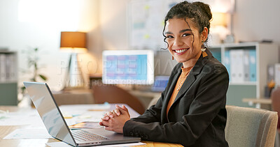 Portrait of businesswoman in office with smile, laptop and planning online research for creative project at digital agency. Internet, website and networking, happy woman and computer for email review