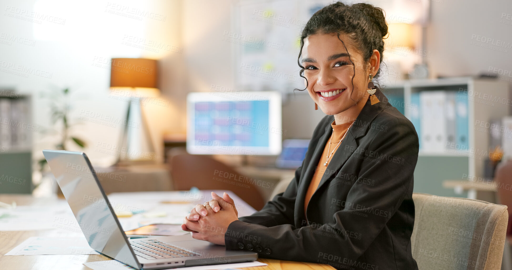 Buy stock photo Portrait of businesswoman in office with smile, laptop and planning online research for creative project at digital agency. Internet, website and networking, happy woman and computer for email review