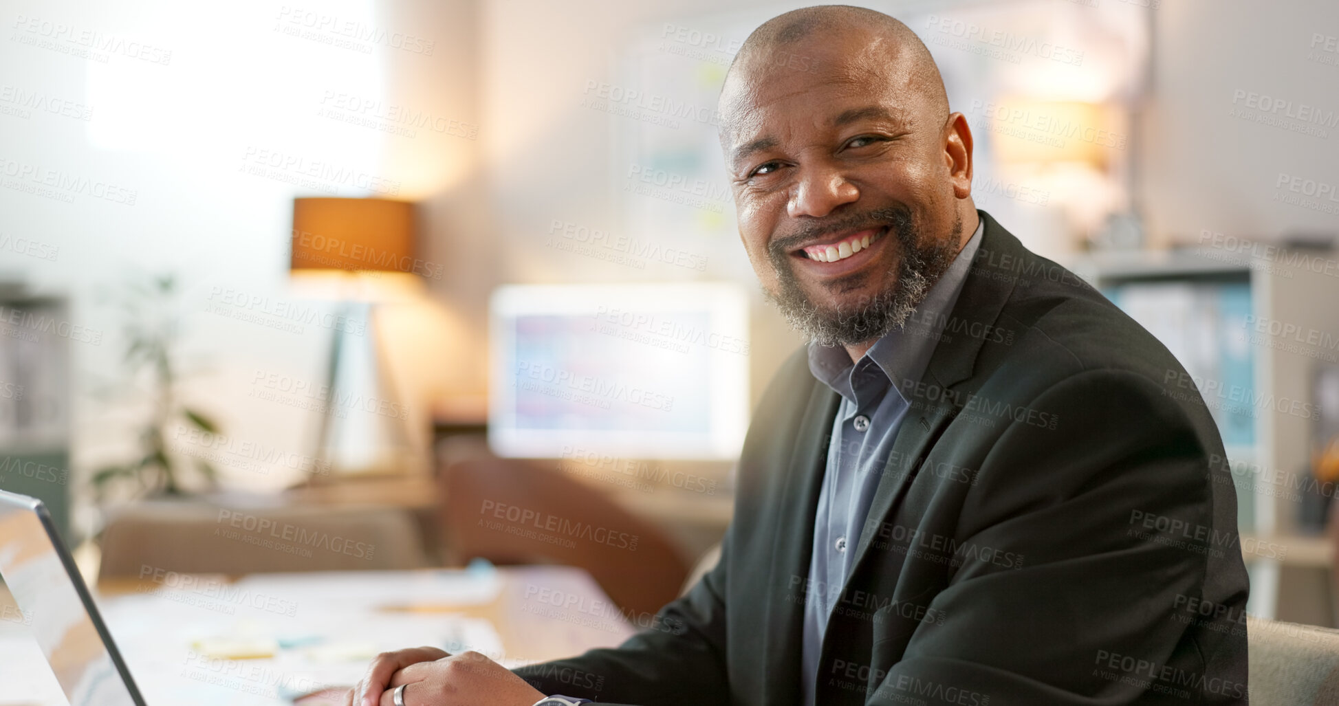 Buy stock photo Portrait of happy black man in office, laptop and planning online research for creative project at digital agency. Internet, website and networking, businessman with smile and computer for investing.