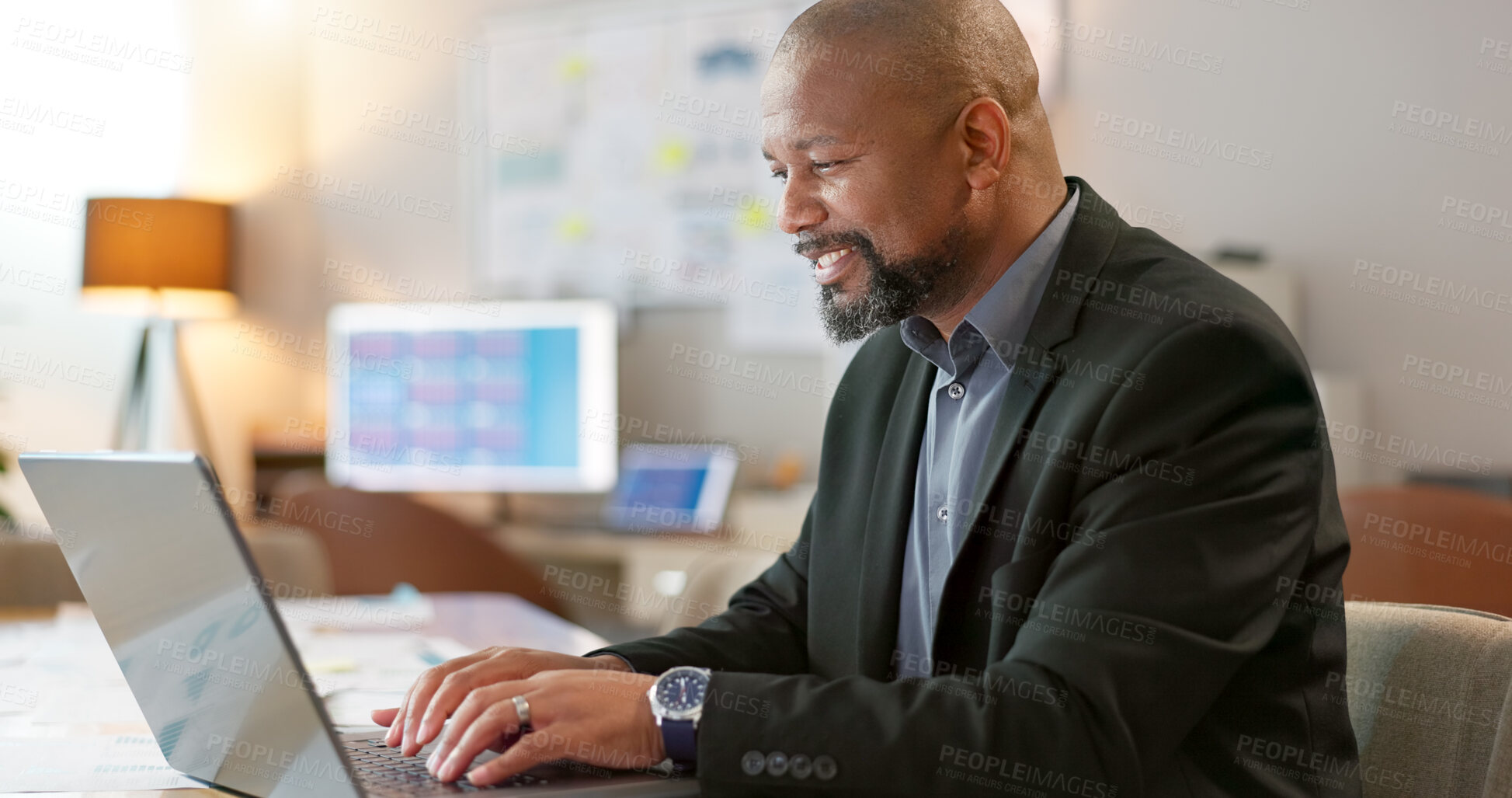 Buy stock photo Portrait of happy black man in office, laptop and planning online research for creative project at digital agency. Internet, website and networking, businessman with smile and computer for investing.