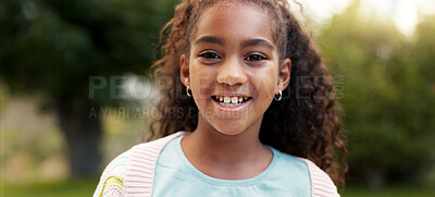 Buy stock photo Face, child or girl laughing outdoor in a garden, park or green environment for fun and happiness. Portrait of a young African female kid with a positive mindset, cute smile and nature to relax