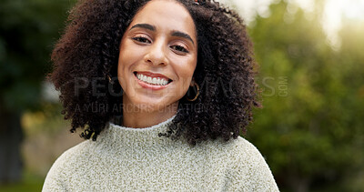 Face, smile and woman outdoor in nature on vacation, holiday or trip. Portrait, happy and female person from South Africa with positive mindset, joy or confidence for freedom to relax in summer alone
