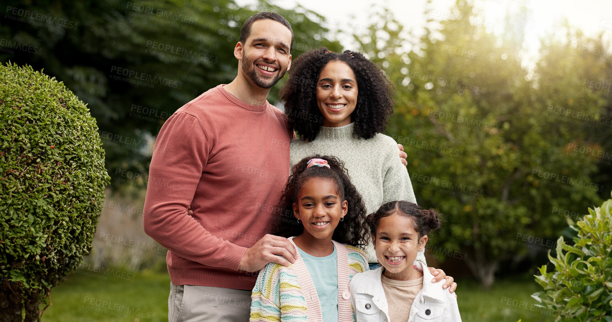 Buy stock photo Mother, father and happy family portrait outdoor with a smile, love and care in nature. Young latino woman and man or parents and kids together at a park or garden for quality time, peace and fun