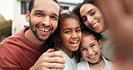 Family, selfie and children outdoor with a smile, love and care in home backyard. Face of young latino woman, man or parents for a picture with happy kids for social media post or profile picture