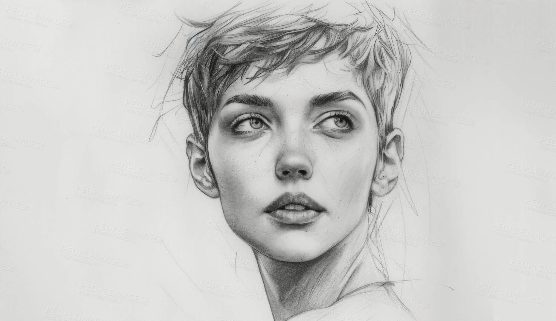 Buy stock photo Portrait, sketch and drawing of a young woman for artist inspiration, creativity and background. Detailed, pencil  illustration and drawing of a female on white paper for education, lesson and hobby