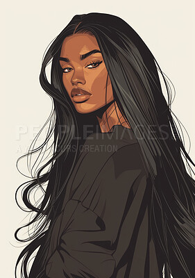 Buy stock photo Portrait, digital art and illustration of a young woman for artist inspiration, creativity and background. Detailed, vibrant and graphic drawing of a female for education, lesson and poster design