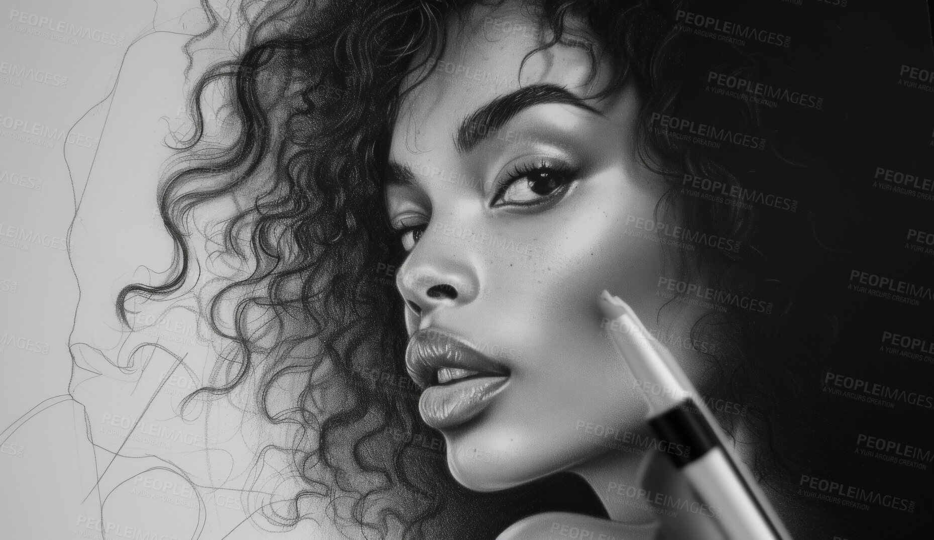 Buy stock photo Portrait, sketch and drawing of a black woman for artist inspiration, creativity and background. Detailed, pencil  illustration and drawing of a female on white paper for education, lesson and hobby