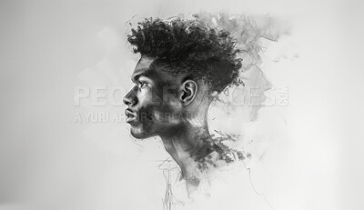 Portrait, sketch and drawing of a black man for artist inspiration, creativity and background. Detailed, pencil illustration and drawing of a male on white canvas for education, lesson and hobby