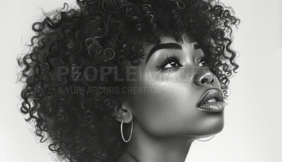 Buy stock photo Portrait, sketch and drawing of a black woman for artist inspiration, creativity and background. Detailed, pencil  illustration and drawing of a female on white paper for education, lesson and hobby