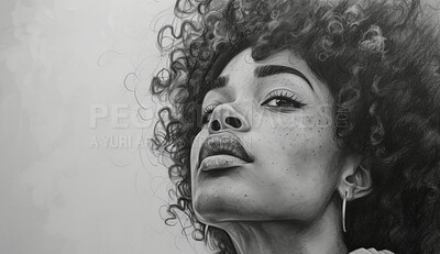 Buy stock photo Portrait, sketch and drawing of a black woman for artist inspiration, creativity and background. Detailed, pencil  illustration and drawing of a female on white paper for education, lesson and hobby