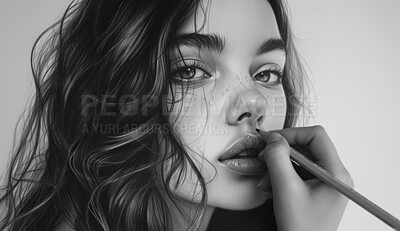 Portrait, sketch and drawing of a young woman for artist inspiration, creativity and background. Detailed, pencil illustration and drawing of a female on white paper for education, lesson and hobby