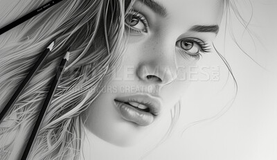 Buy stock photo Portrait, sketch and drawing of a young woman for artist inspiration, creativity and background. Detailed, pencil  illustration and drawing of a female on white paper for education, lesson and hobby