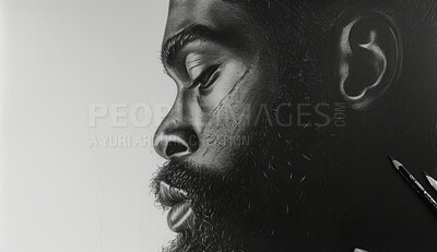 Portrait, sketch and drawing of a black man for artist inspiration, creativity and background. Detailed, pencil illustration and drawing of a male on white canvas for education, lesson and hobby