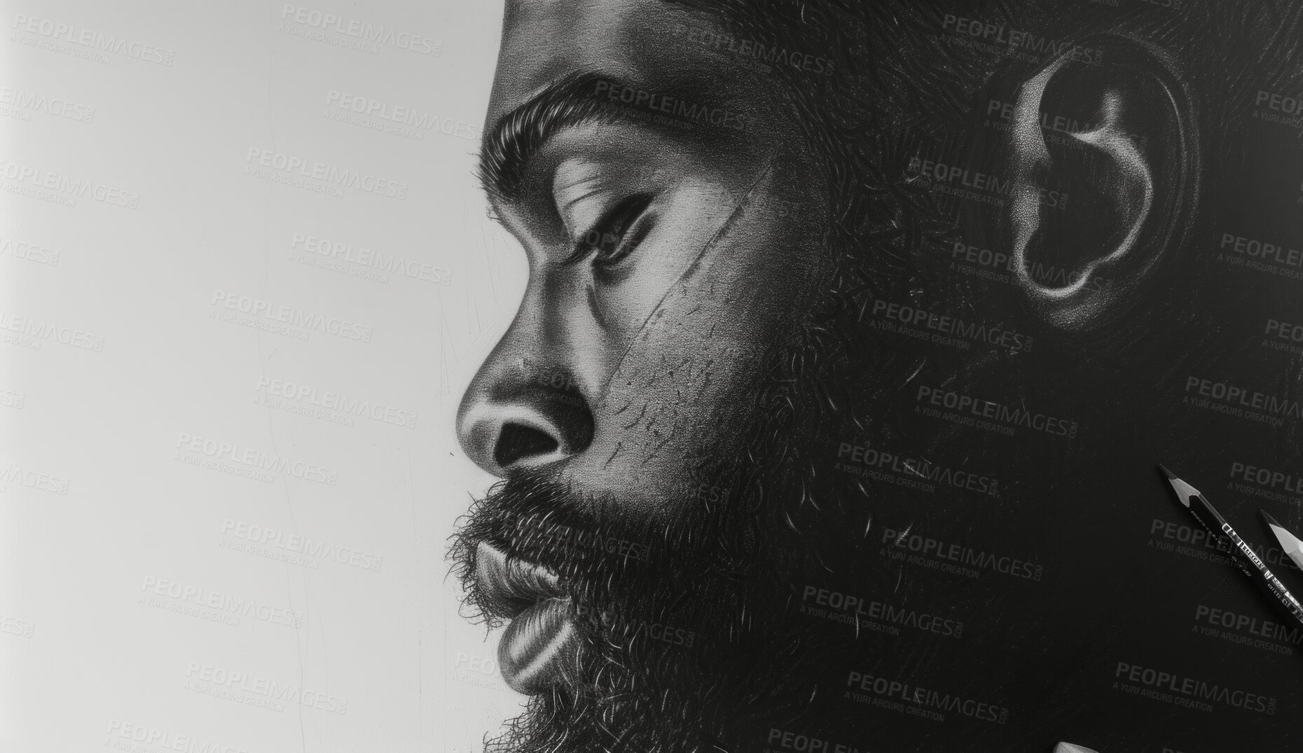 Buy stock photo Portrait, sketch and drawing of a black man for artist inspiration, creativity and background. Detailed, pencil illustration and drawing of a male on white canvas for education, lesson and hobby