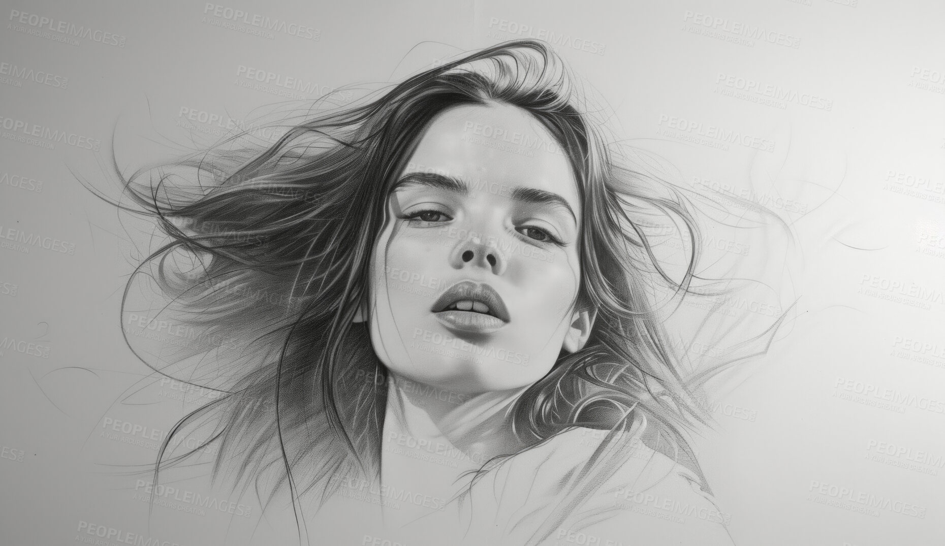 Buy stock photo Portrait, sketch and drawing of a young woman for artist inspiration, creativity and background. Detailed, pencil  illustration and drawing of a female on white paper for education, lesson and hobby