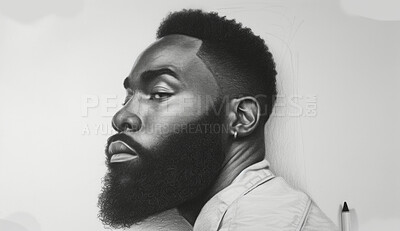 Buy stock photo Portrait, sketch and drawing of a black man for artist inspiration, creativity and background. Detailed, pencil illustration and drawing of a male on white canvas for education, lesson and hobby