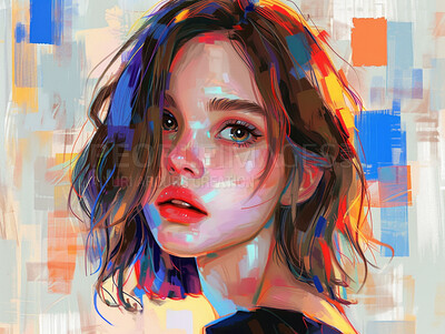 Buy stock photo Portrait, paint and canvas art of a young woman for artist inspiration, creativity and background. Detailed, acrylic  illustration and traditional drawing of a female for education, lesson and hobby