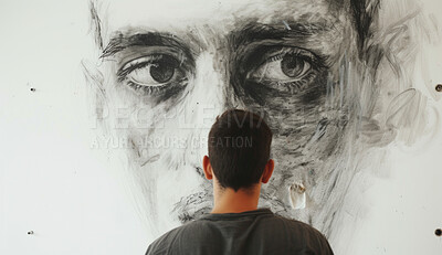 Portrait, sketch and a man drawing a face for artist inspiration, creativity and background. Detailed, pencil illustration and drawing of a male on white paper for education, lesson and hobby