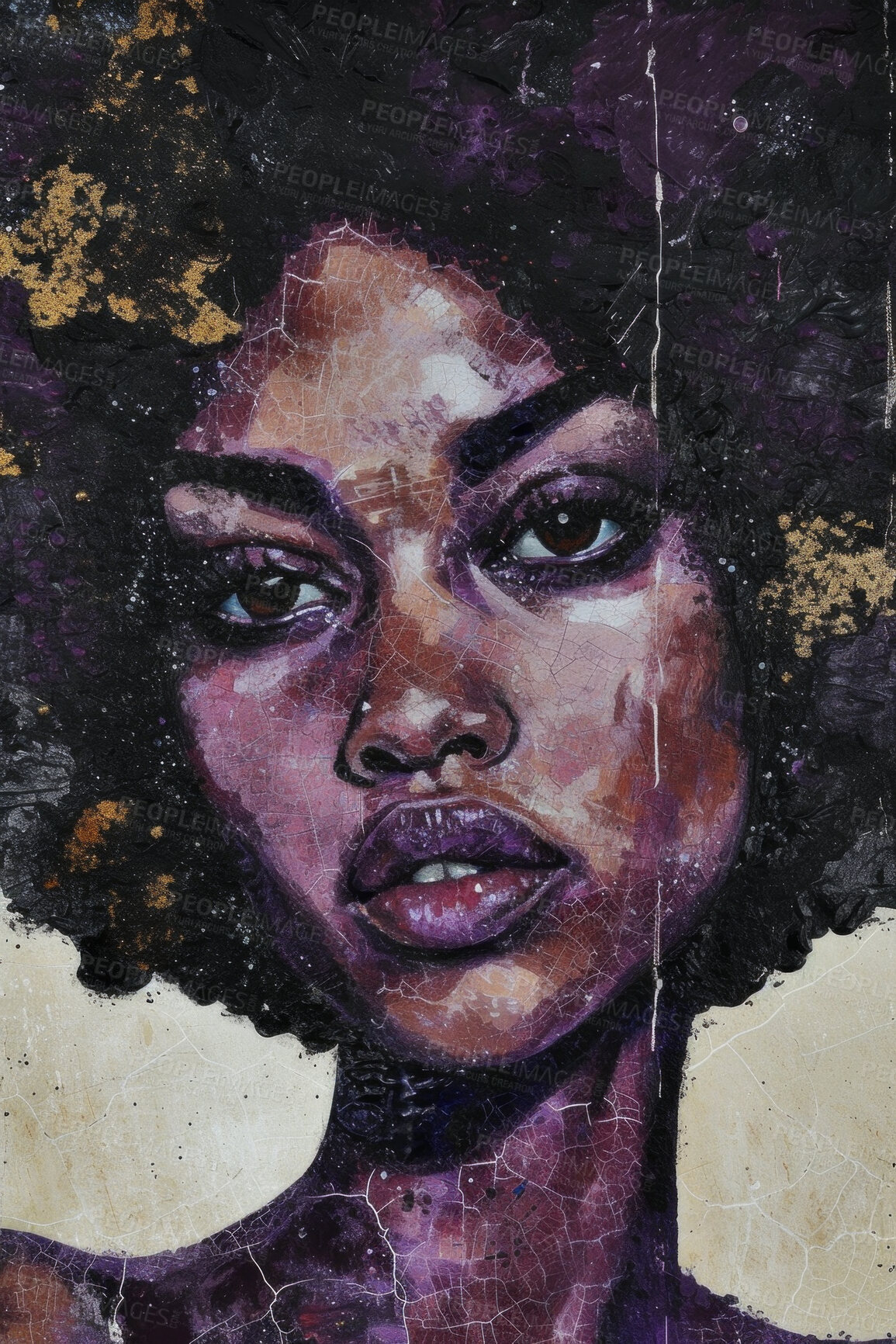 Buy stock photo Portrait, paint and canvas art of a black woman for artist inspiration, creativity and background. Detailed, acrylic  illustration and traditional drawing of a female for education, lesson and hobby