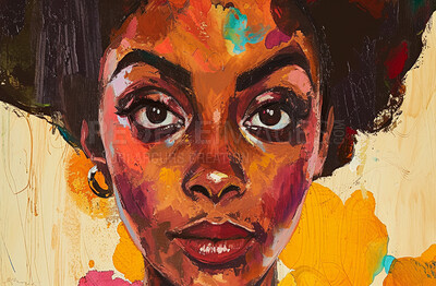 Buy stock photo Portrait, paint and canvas art of a black woman for artist inspiration, creativity and background. Detailed, acrylic  illustration and traditional drawing of a female for education, lesson and hobby