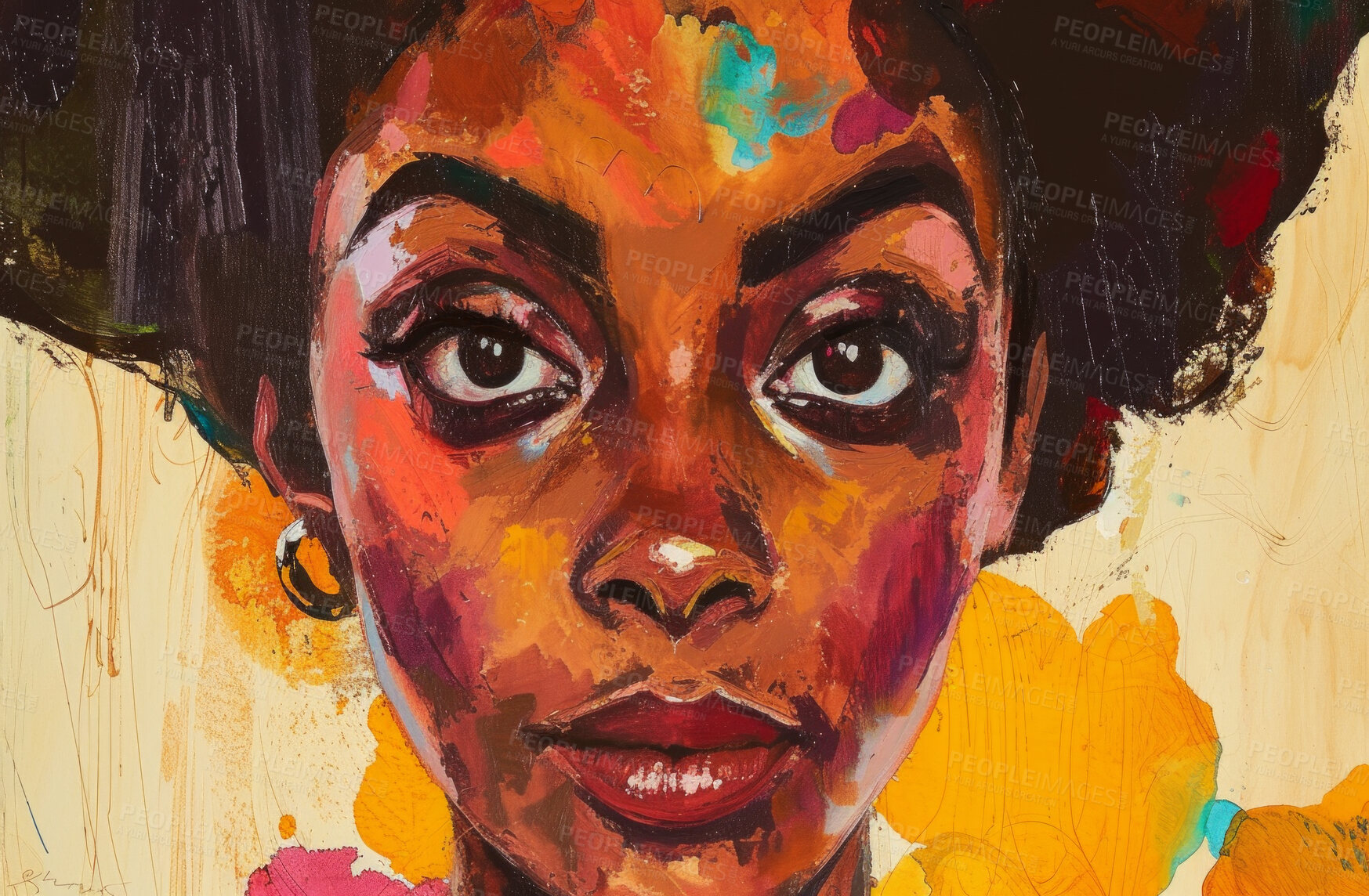 Buy stock photo Portrait, paint and canvas art of a black woman for artist inspiration, creativity and background. Detailed, acrylic  illustration and traditional drawing of a female for education, lesson and hobby