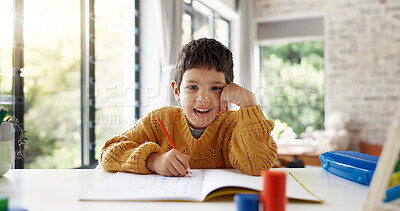 Home learning, education or face of kid in kindergarten studying for knowledge or growth development. Smile, portrait or happy child writing or counting on numbers to study for test in notebook alone