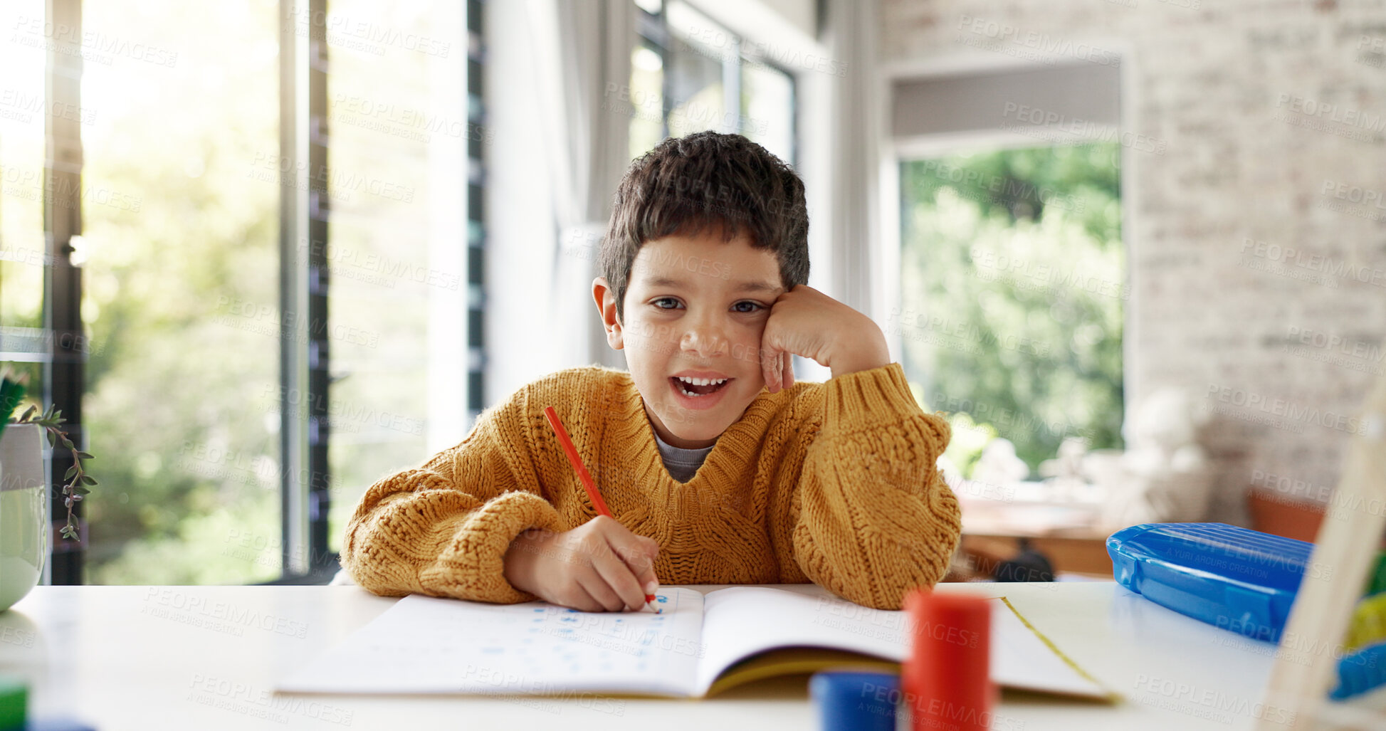 Buy stock photo Home learning, education or face of kid in kindergarten studying for knowledge or growth development. Smile, portrait or happy child writing or counting on numbers to study for test in notebook alone