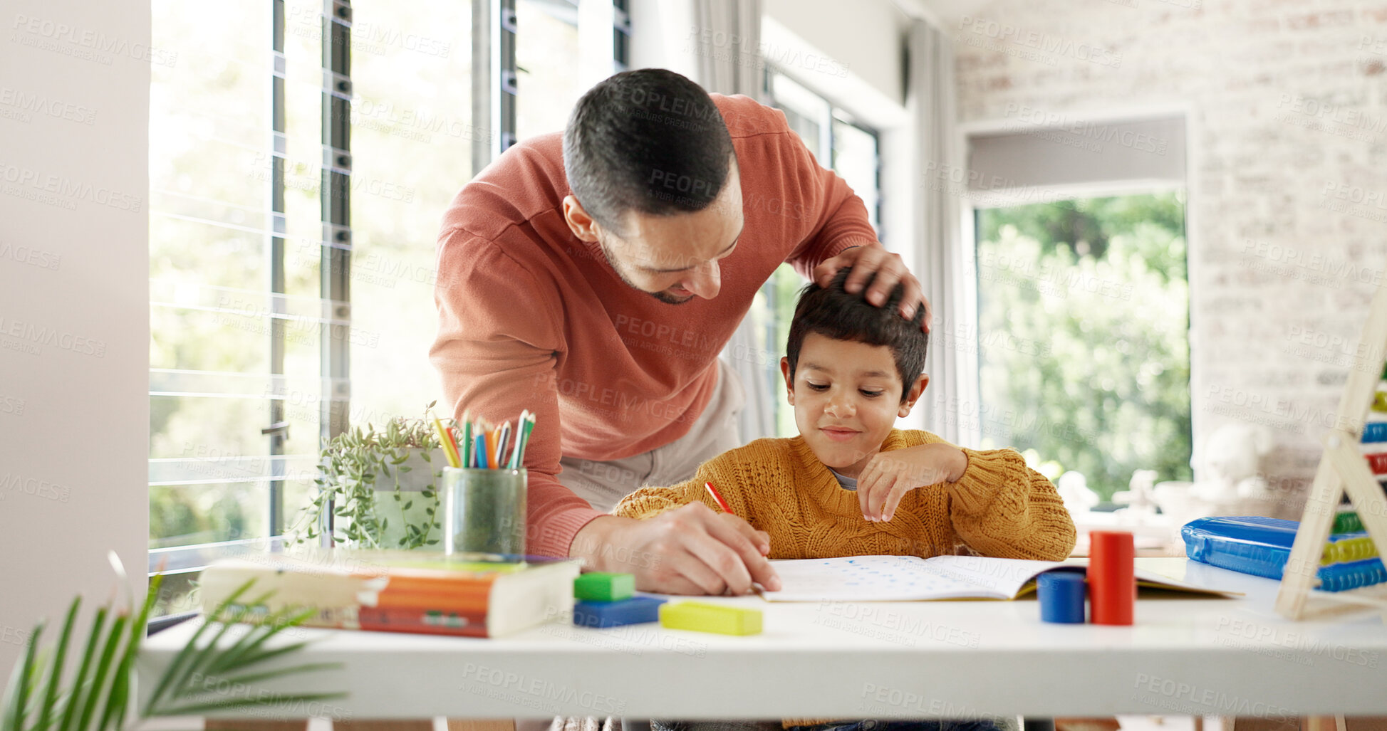 Buy stock photo Home learning, father or kid in kindergarten studying for knowledge, education or growth development. Abacus, dad teaching or child writing, working or counting on numbers for math test in notebook