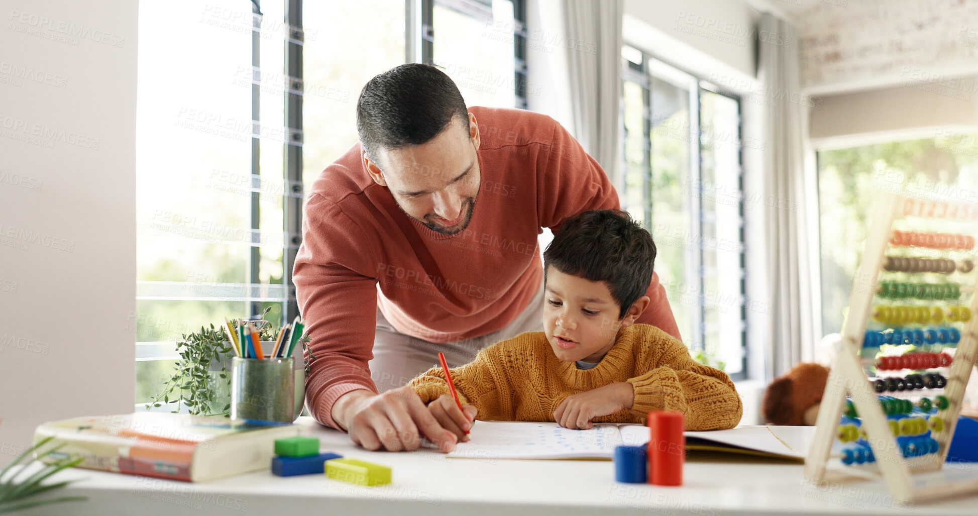 Buy stock photo Home learning, dad or school kid in kindergarten studying for knowledge, education or growth development. Happy, father teaching or boy writing, working or counting numbers for math test in notebook