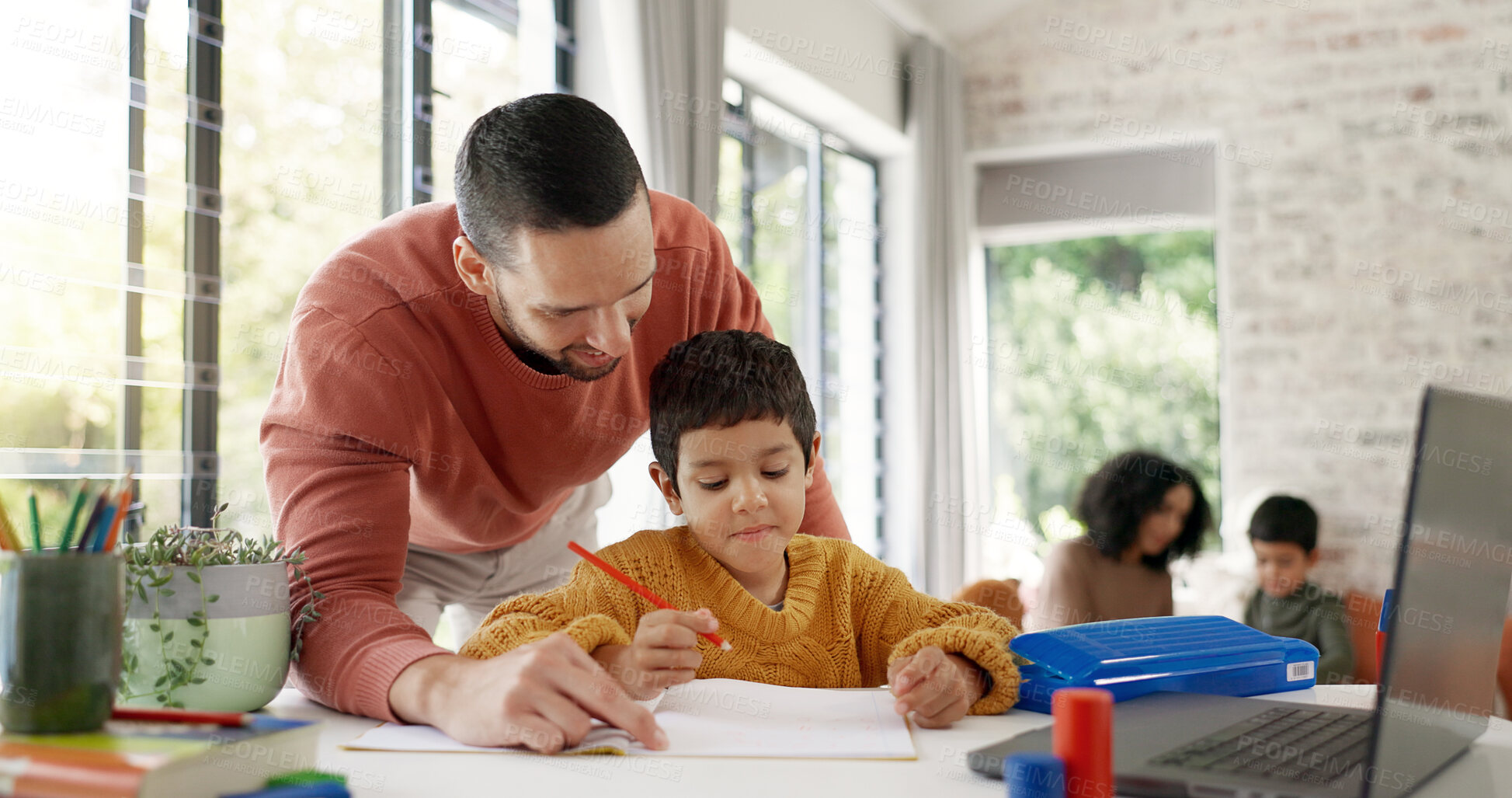 Buy stock photo Home learning, dad or school kid in kindergarten studying for knowledge, education or growth development. Happy, father teaching or boy writing, working or counting numbers for math test in notebook