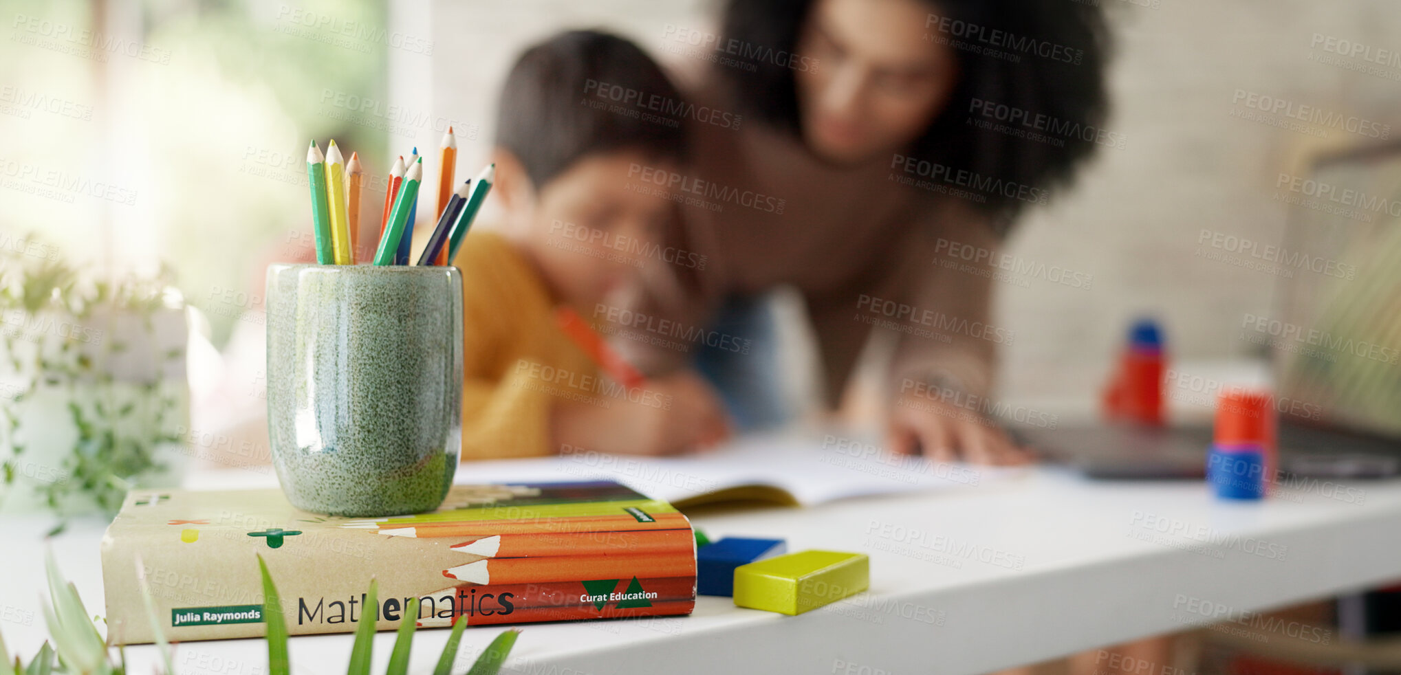 Buy stock photo Mom, child and help with homework, color pencil and drawing for education, learning and development. Homeschool, mother and kid with motivation, support and teaching for school project in family home