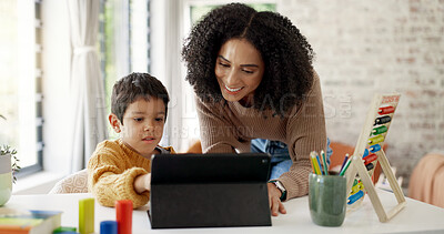 Homework, learning and help with mother and son for homeschooling, research and math. Education, study and teaching with woman and kid in family home for child development, writing and knowledge