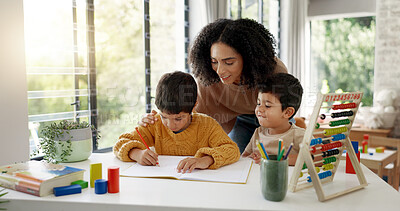 Homework, learning and help with mother and children for homeschooling, research and math. Education, study and teaching with woman and kids in family home for child development, writing or knowledge