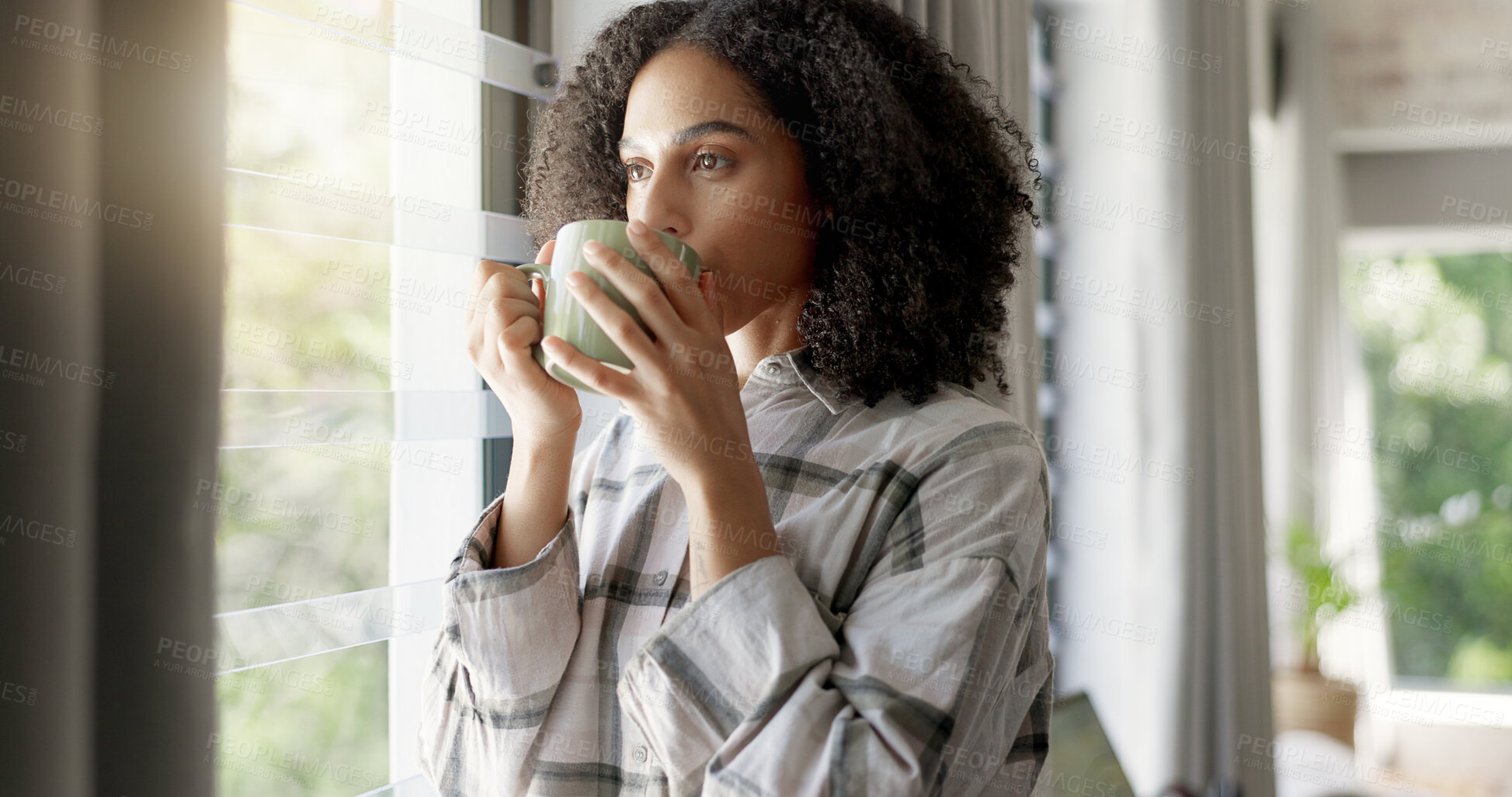 Buy stock photo Relax, window and woman with coffee, thinking and stress relief with happiness, home and wellness. Female person, lady and warm beverage with ideas, calm and curious with peace, view and apartment