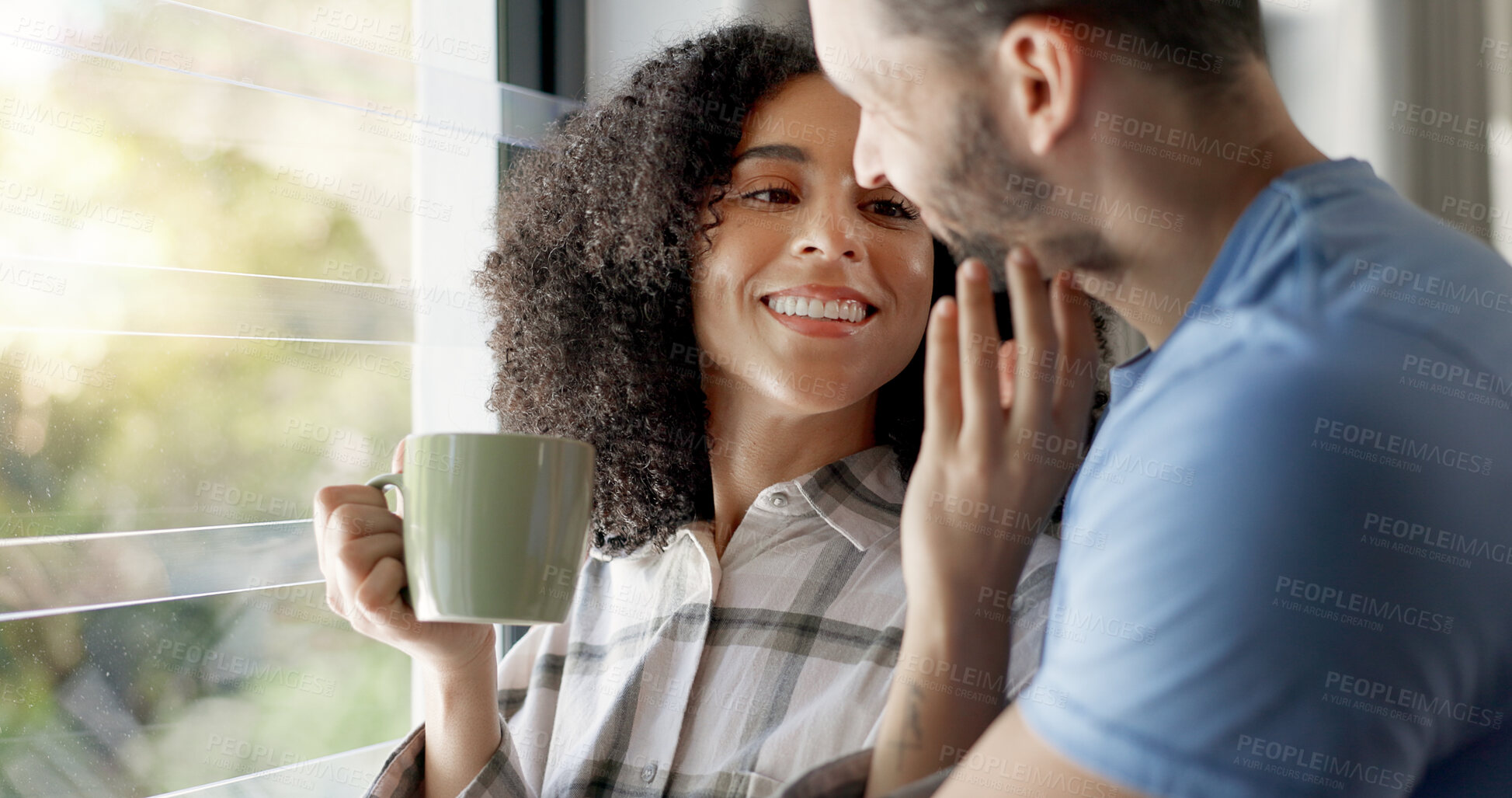 Buy stock photo Love, married people with hug and in their home together for bonding time. Support or commitment, romance or care and happy young couple cuddle for affection or embracing company in their house