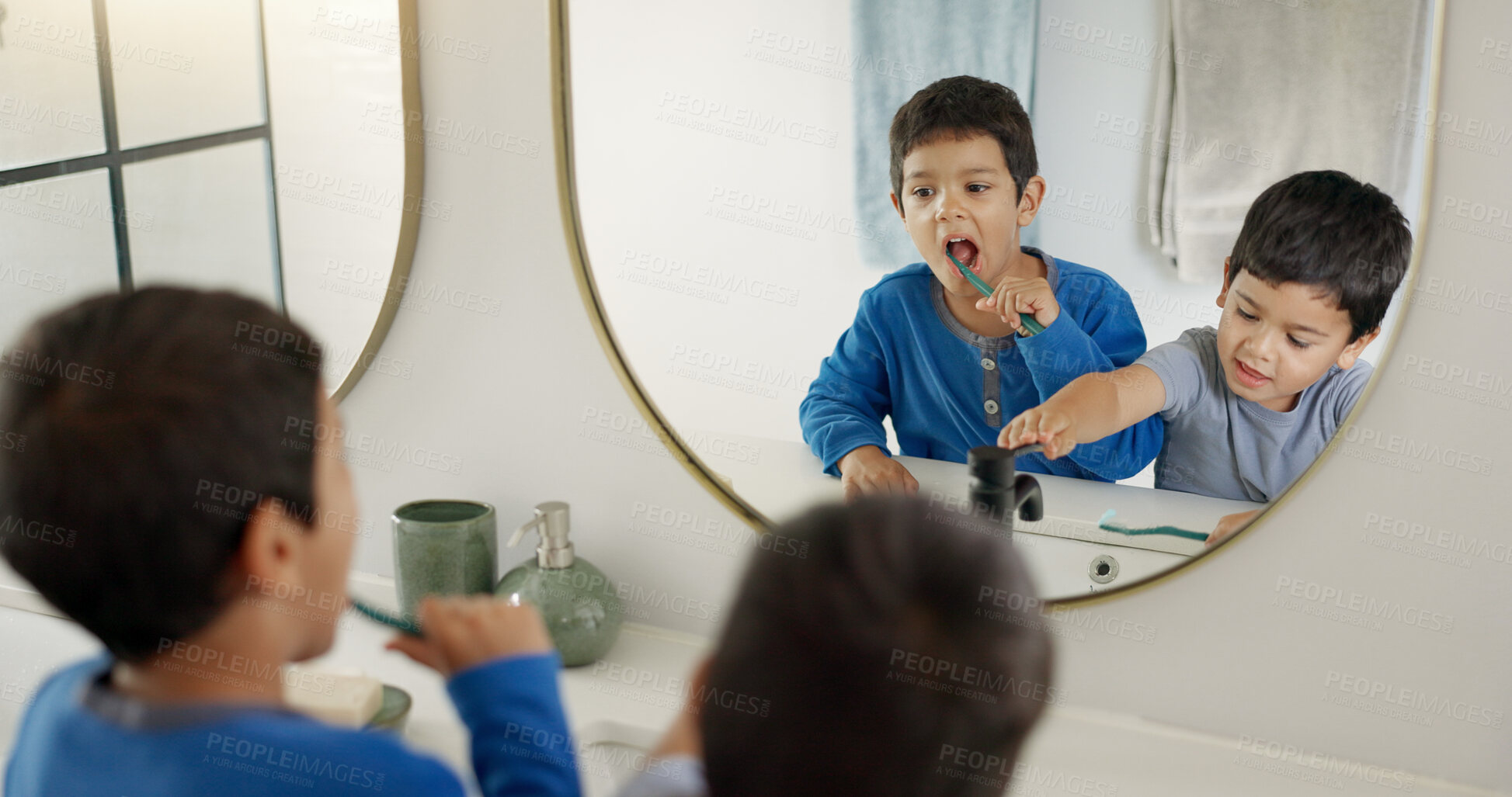 Buy stock photo Boy kids, toothbrush and together in bathroom for hygiene, wellness and self care with dental product in family home. Young male children, teeth whitening and mirror for health, learning and cleaning