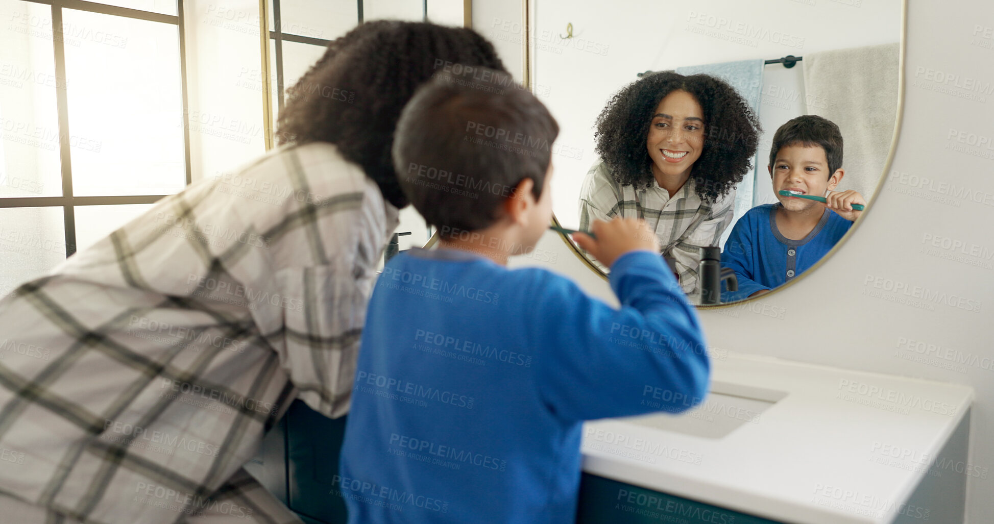 Buy stock photo Woman, child and brushing teeth in bathroom with mirror, dental care in home with toothpaste, water and hygiene. Kid, mom and toothbrush, teaching, learning and cleaning mouth morning with reflection