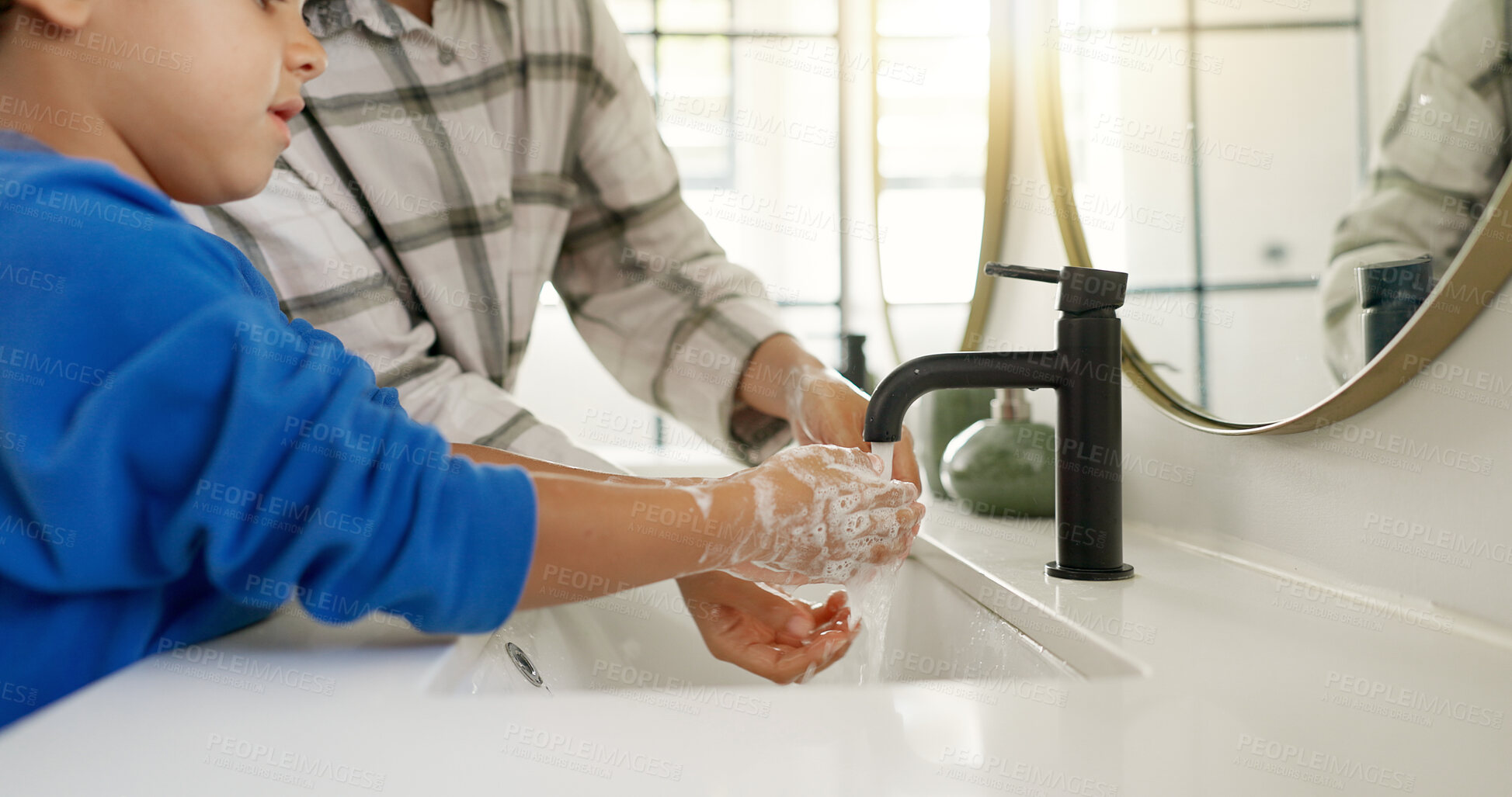 Buy stock photo Woman, child and washing hands in bathroom, cleaning to prevent germs and dirt in home with soap, water and hygiene. Kid, mom and hand wash, teaching, learning and clean morning routine with family.